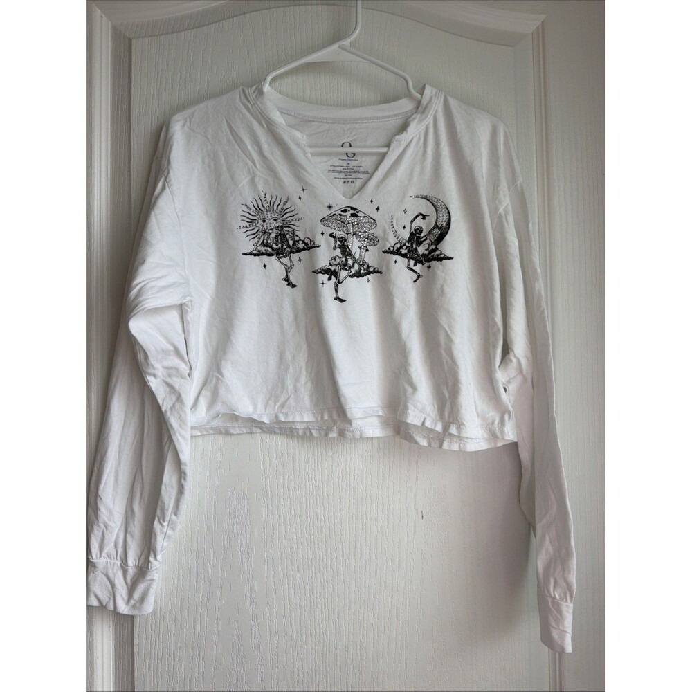 Organic Generation Women’s White Skeleton Moon Mushroom Crop Top Long Sleeve M
